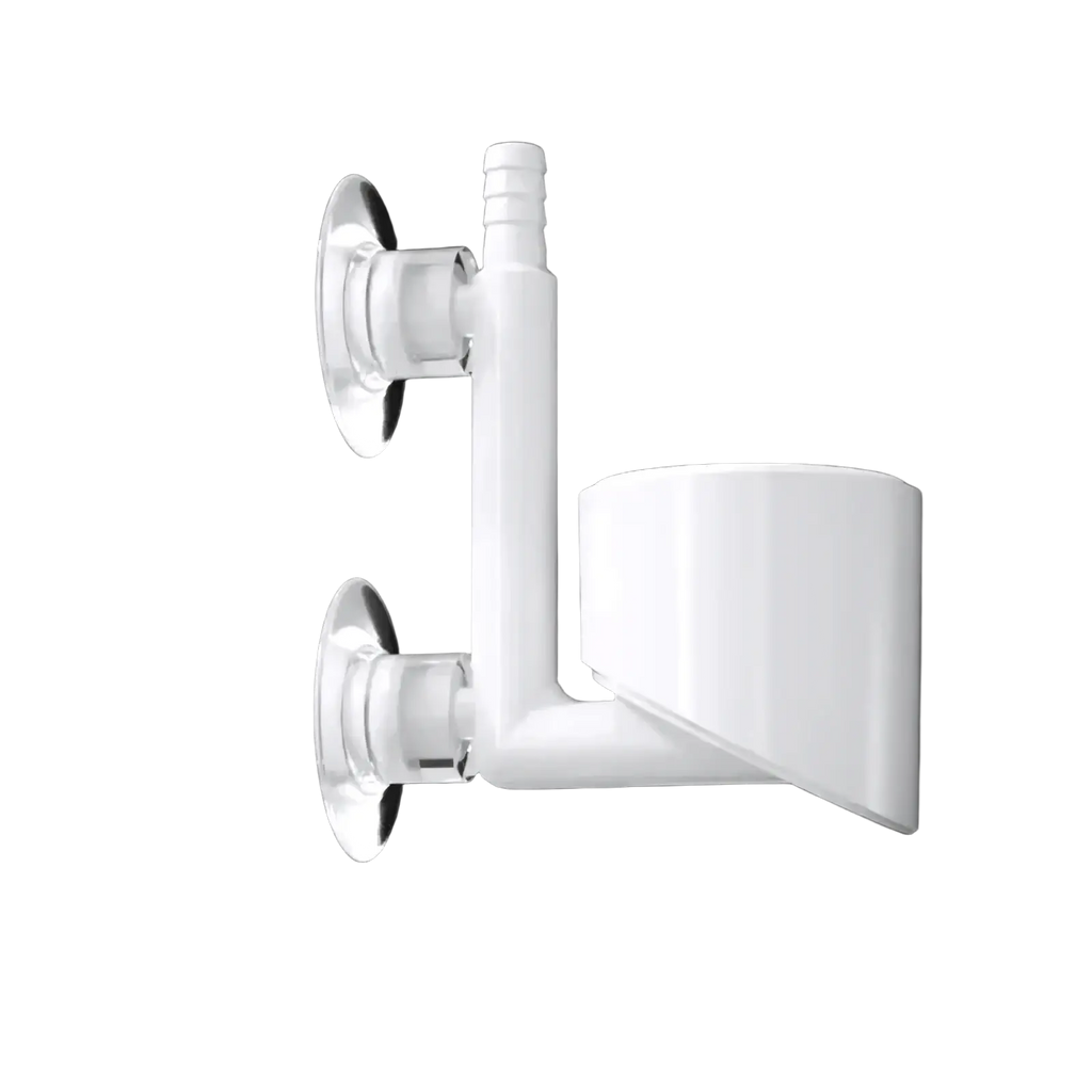 White plastic wall-mounted dual-suction cup holder with curved cylindrical receptacle for aquarium air pump mini oxygenator