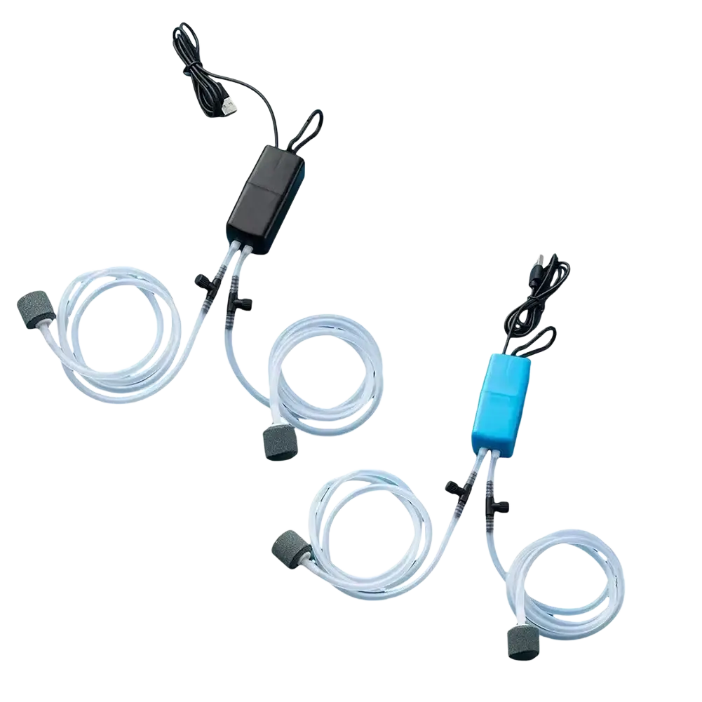 Black and blue usb-powered aquarium air pump with clear tubing and gray bubble stones for silent oxygen airflow
