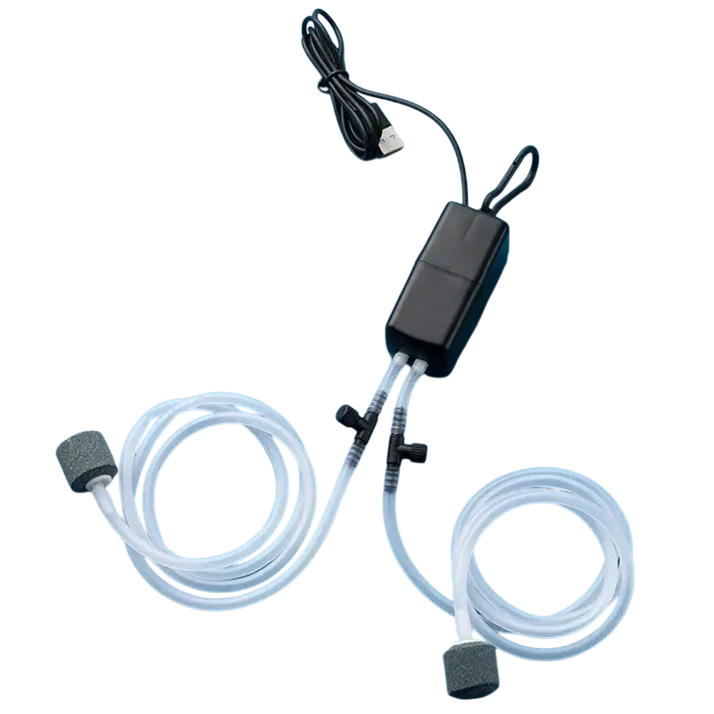 Black rectangular usb-powered aquarium air pump with double stone tubes, transparent tubing, and gray porous air stones