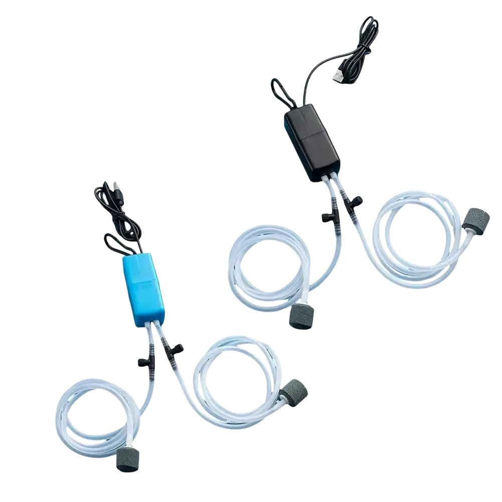 Blue and black aquarium air pump usb silent oxygen kit with clear tubing and gray sponge nozzles for aquarium air