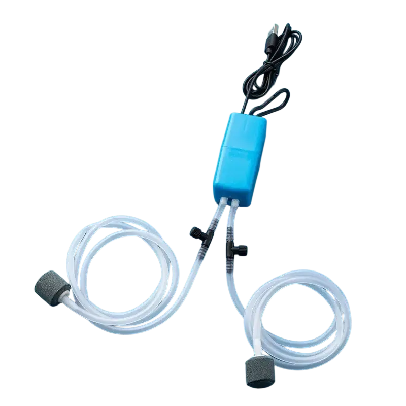 Blue plastic usb-powered double tube aquarium air pump with transparent tubing and gray porous air stones for silent oxygen