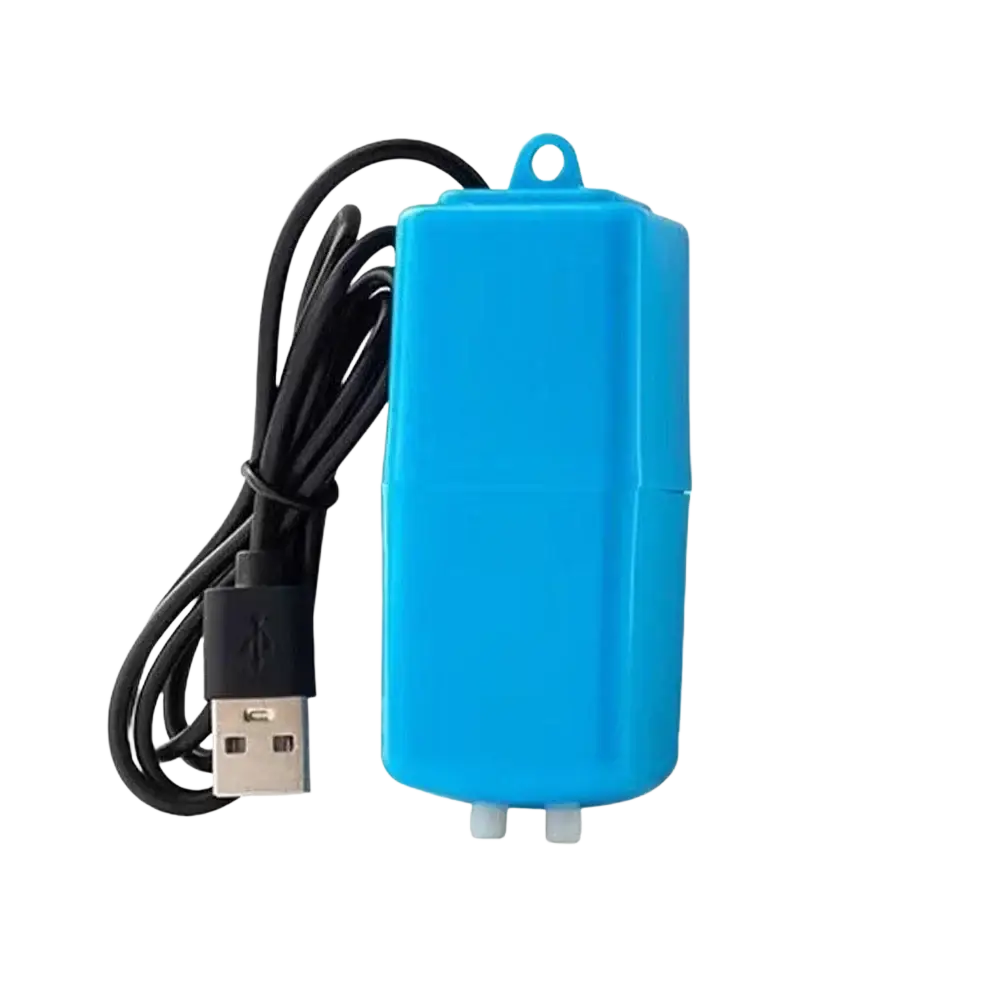 Bright blue usb-powered aquarium air pump with black cord and two gray output ports for silent oxygen supply