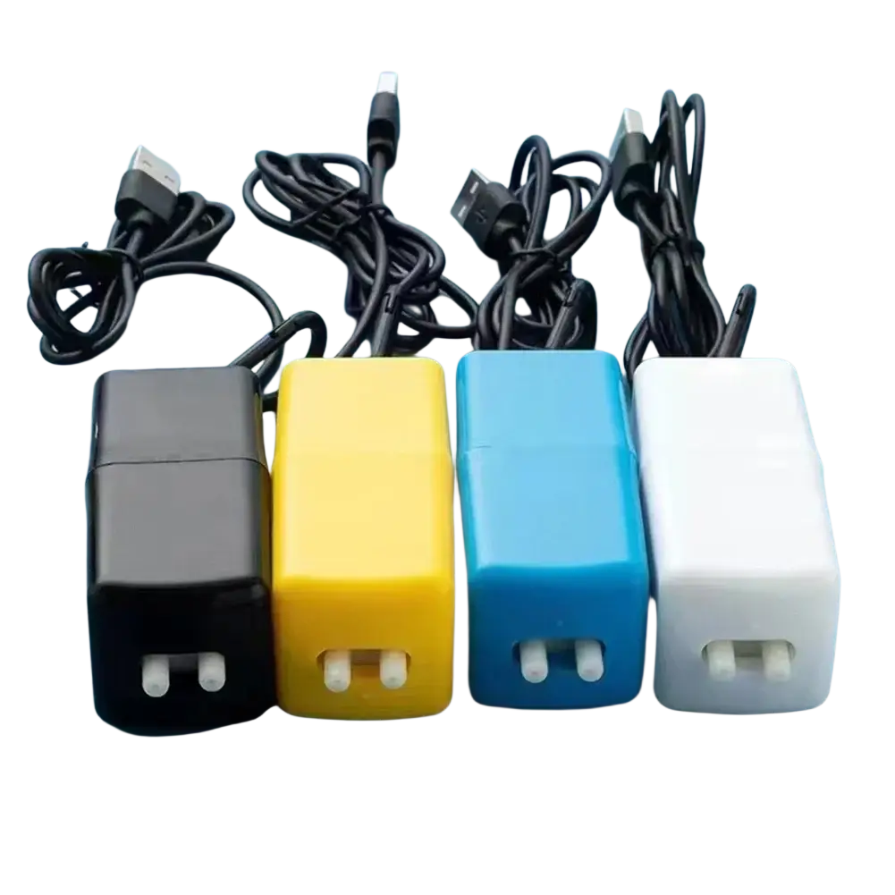 Four compact aquarium air pump usb chargers in black yellow blue and white plastic with matching coiled cables