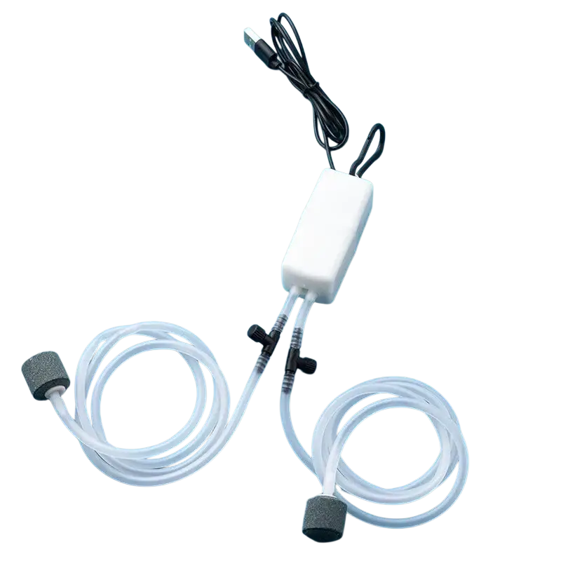 White rectangular usb-powered double tube stone aquarium air pump with transparent tubing and black connectors for oxygen pump use