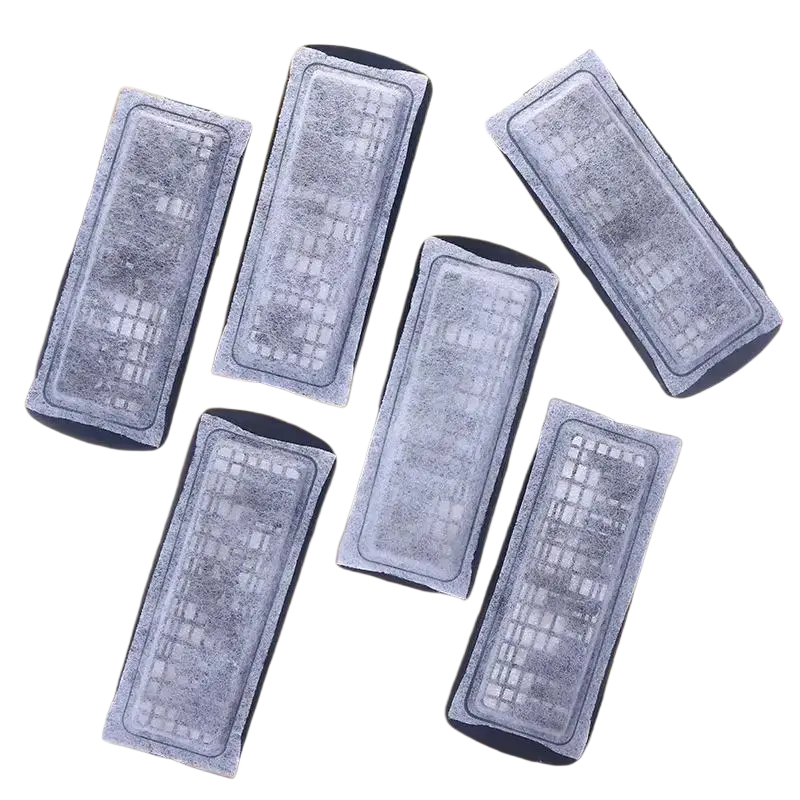 Gray rectangular aquarium carbon filter cotton with textured grid pattern and dark edges for manual measurement use