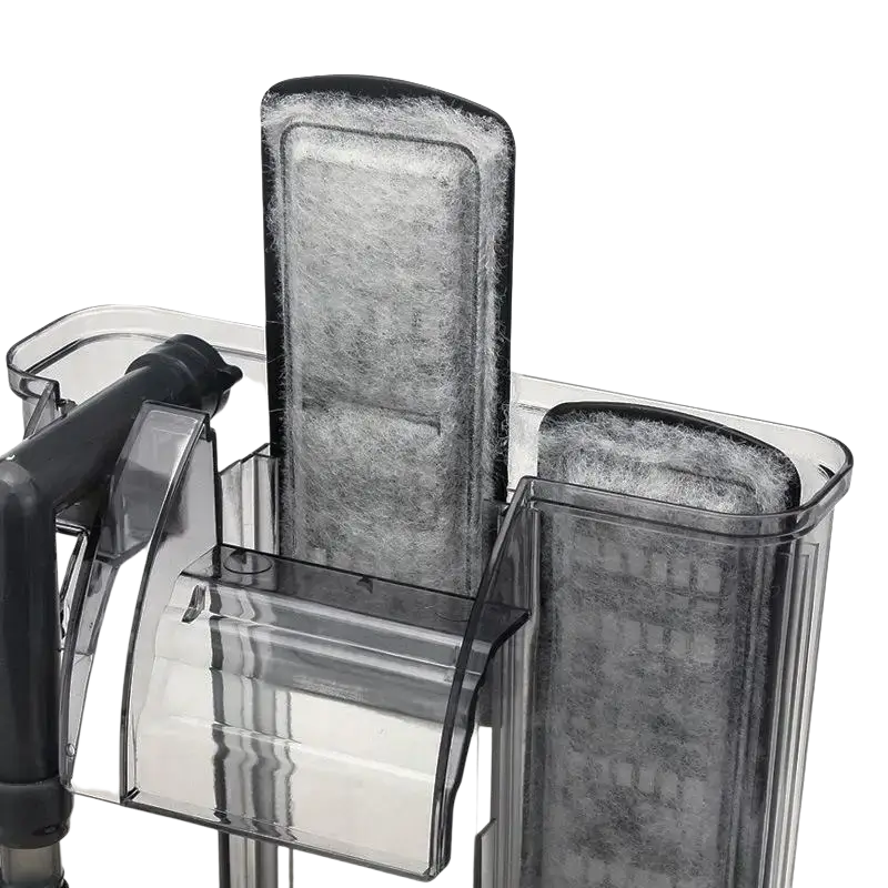 Transparent plastic filter housing with two gray fibrous cartridges for aquarium carbon filter cotton manual measurement