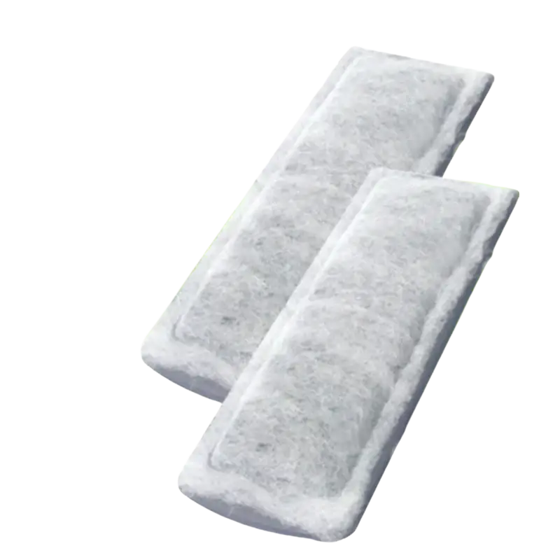 Two light gray rectangular aquarium carbon filter cotton pads with textured surface for manual measurement use