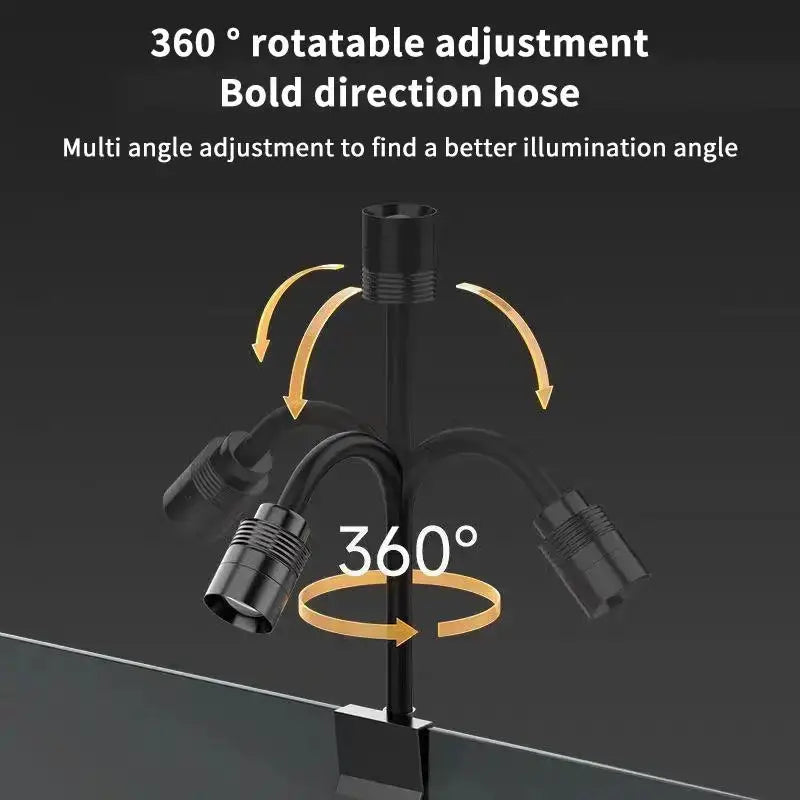 Black 360-degree rotatable adjustable aquarium spotlight with three directional heads for south american fish tank illumination