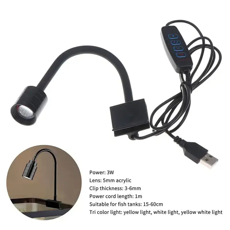 Black flexible gooseneck aquarium spotlight with usb and remote for tri-color illumination in fish tank use