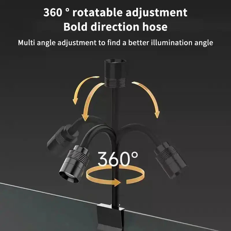 Black 360-degree rotatable aquarium spotlight with multi-angle lighting heads and bold directional arms for south american fish tank use