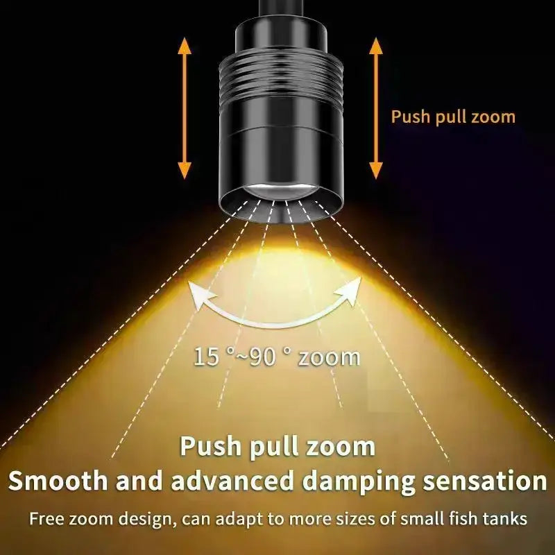 Black cylindrical aquarium spotlight with push-pull zoom and adjustable 15°–90° beam angle for south american fish tank