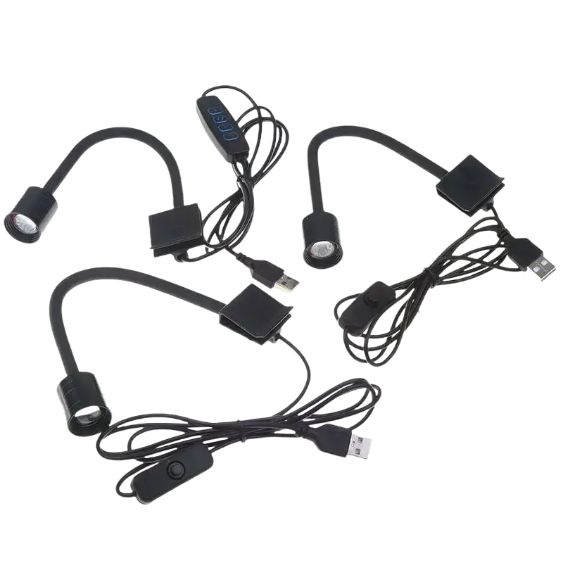 Black usb-powered adjustable desk lamps with flexible gooseneck arms and clip-on bases for south american fish tank aquarium spotlight use