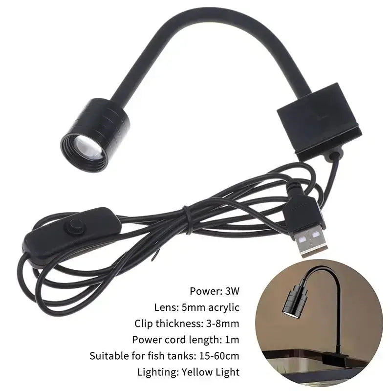 Black usb-powered fish tank aquarium spotlight with flexible gooseneck arm and adjustable clip for south american tanks