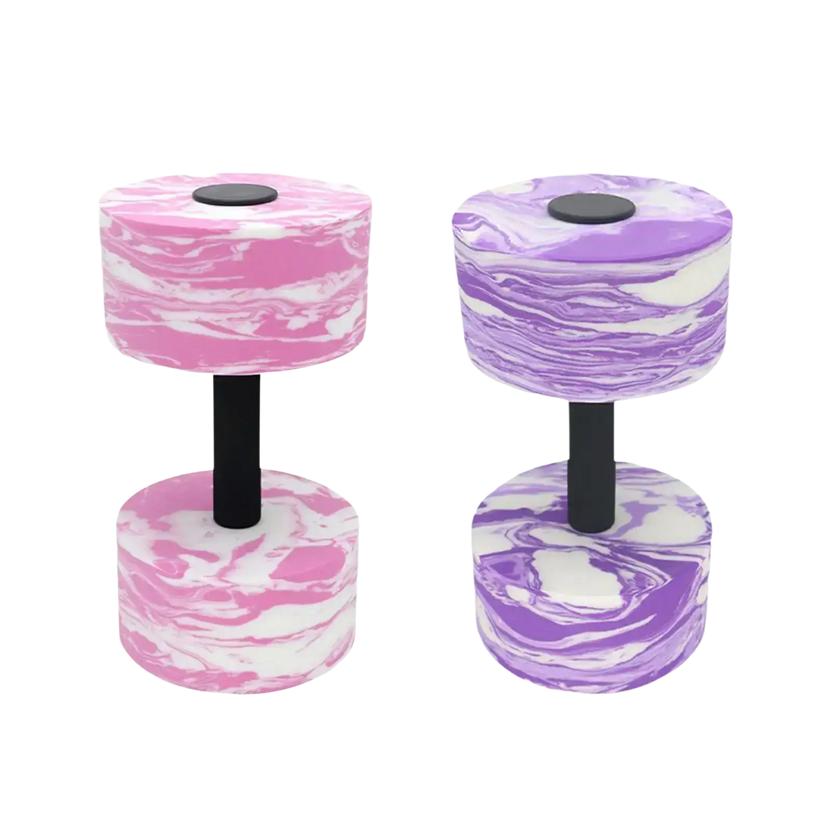 Aquatic dumbbell eva foam pool exercise barbell with pink and purple marbled foam and black barbell hand handles
