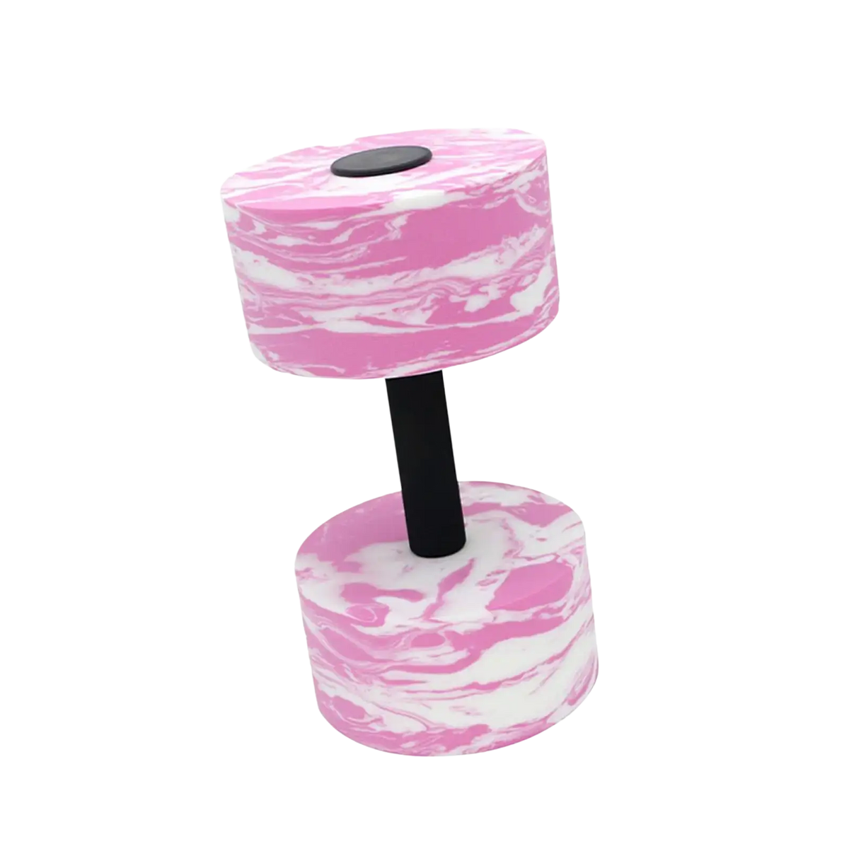 Pink and white marbled eva foam aquatic dumbbell with a black handle for swimming barbell hand exercises