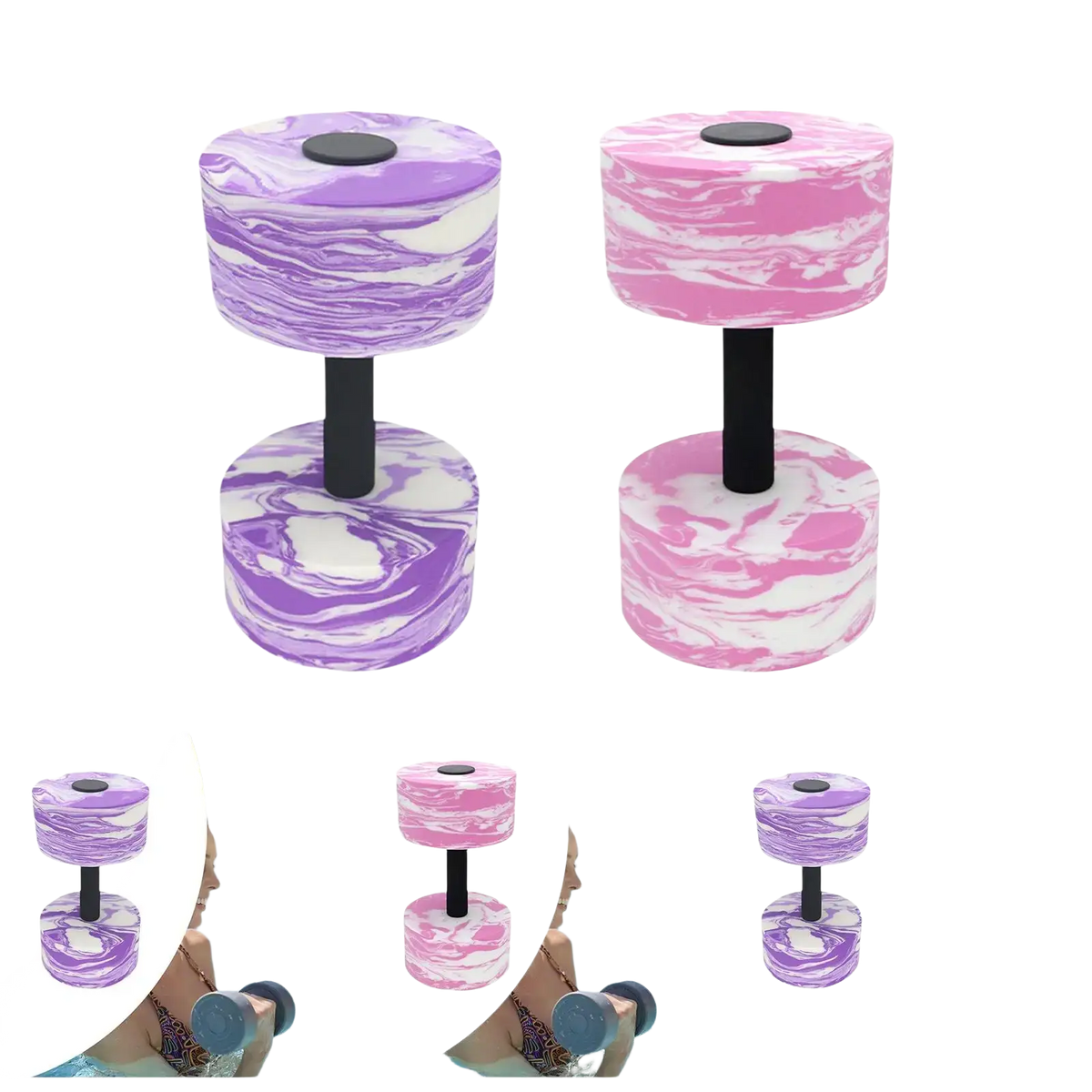 Aquatic dumbbell eva foam pool exercise barbell with purple and pink marbled foam and black swimming barbell hand handles