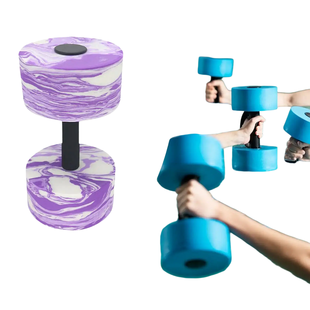 Purple and white marbled eva foam aquatic dumbbell with black handle for swimming barbell hand exercises