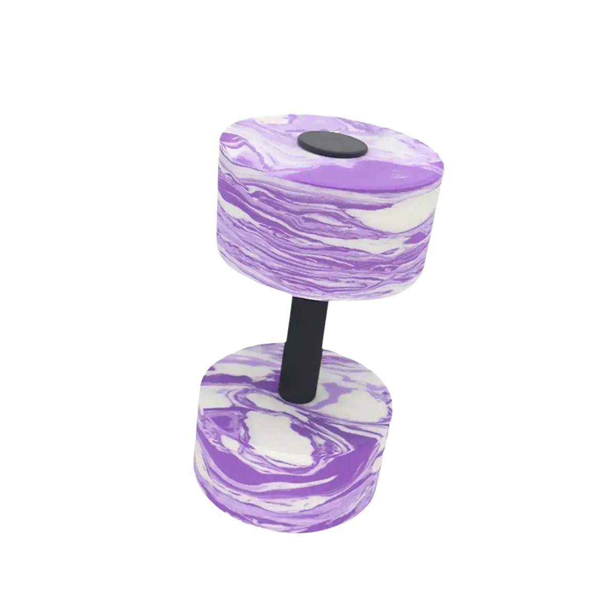 Purple and white marbled silicone aquatic dumbbell with black central bar for swimming barbell hand exercises