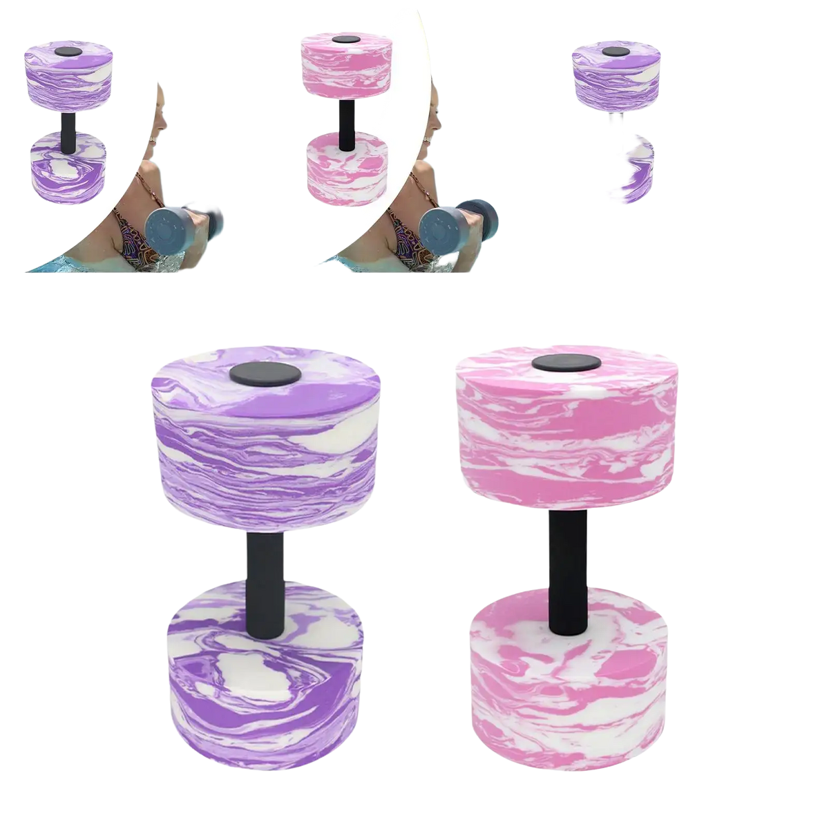 Purple and white marbled foam aquatic dumbbell with black handles designed as a swimming barbell hand for pool exercise