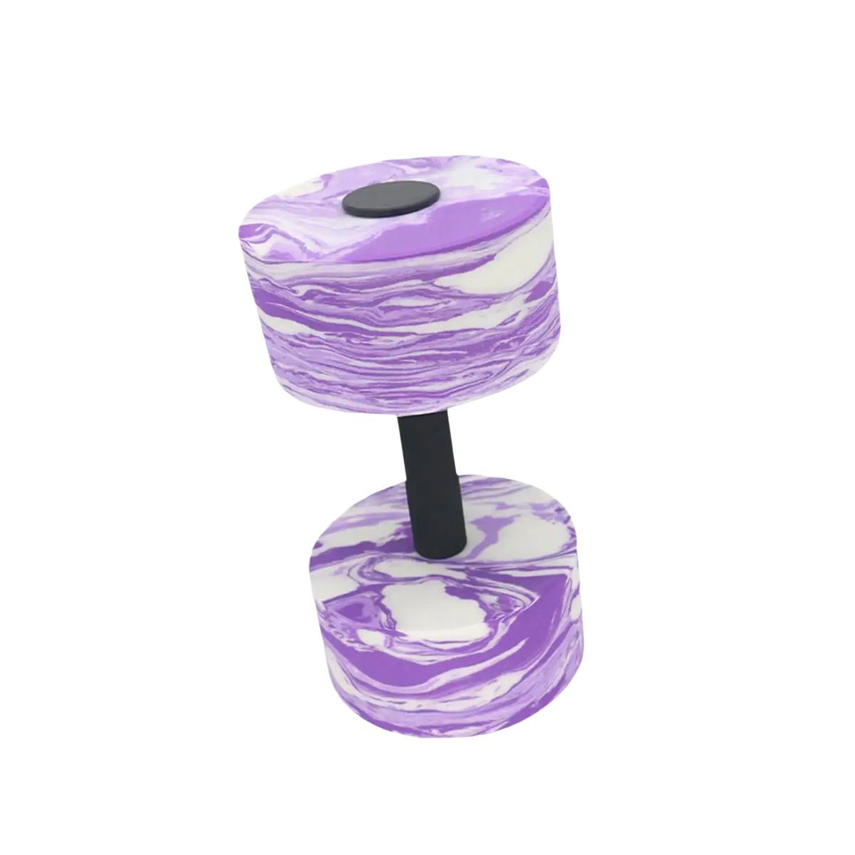 Purple and white marbled foam aquatic dumbbell with black central handle for pool exercise and swimming barbell hand use