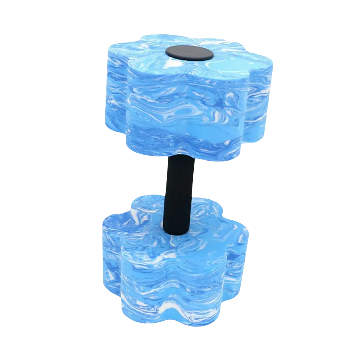 Blue and white marbled eva foam aquatic dumbbell with black handle for pool resistance and aquatic exercise