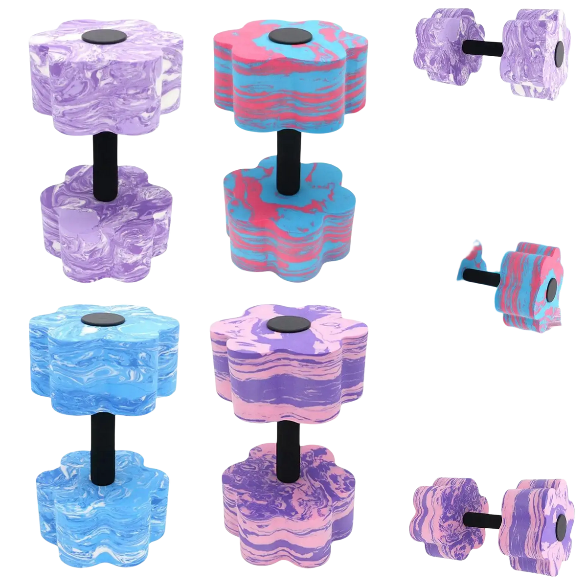 Floral-patterned purple pink and blue aquatic dumbbells with black handles eva foam for pool resistance exercise