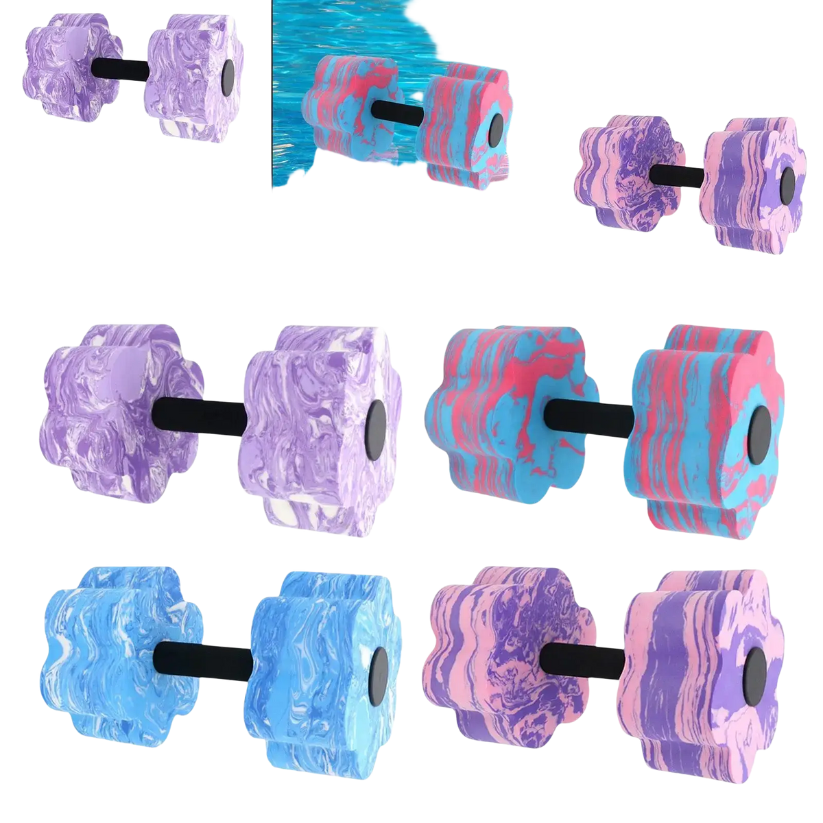 Aquatic dumbbell pool resistance set with floral-patterned purple blue and pink marbled eva foam and black handles