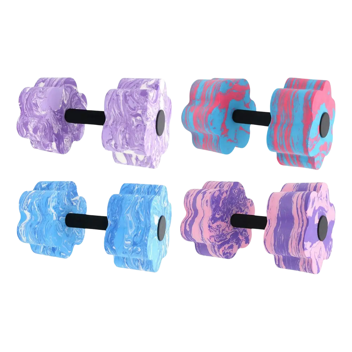 Set of four colorful flower-shaped aquatic dumbbells with marbled purple blue and pink eva foam for pool resistance