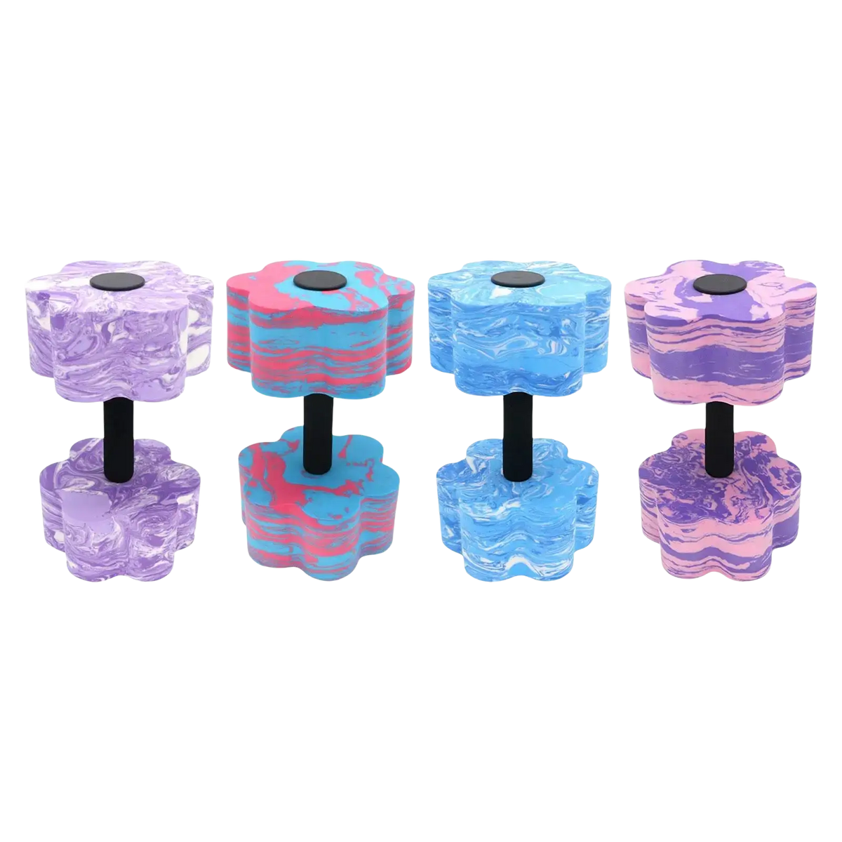 Set of four colorful flower-shaped eva foam aquatic dumbbells with marbled purple pink and blue patterns for pool resistance