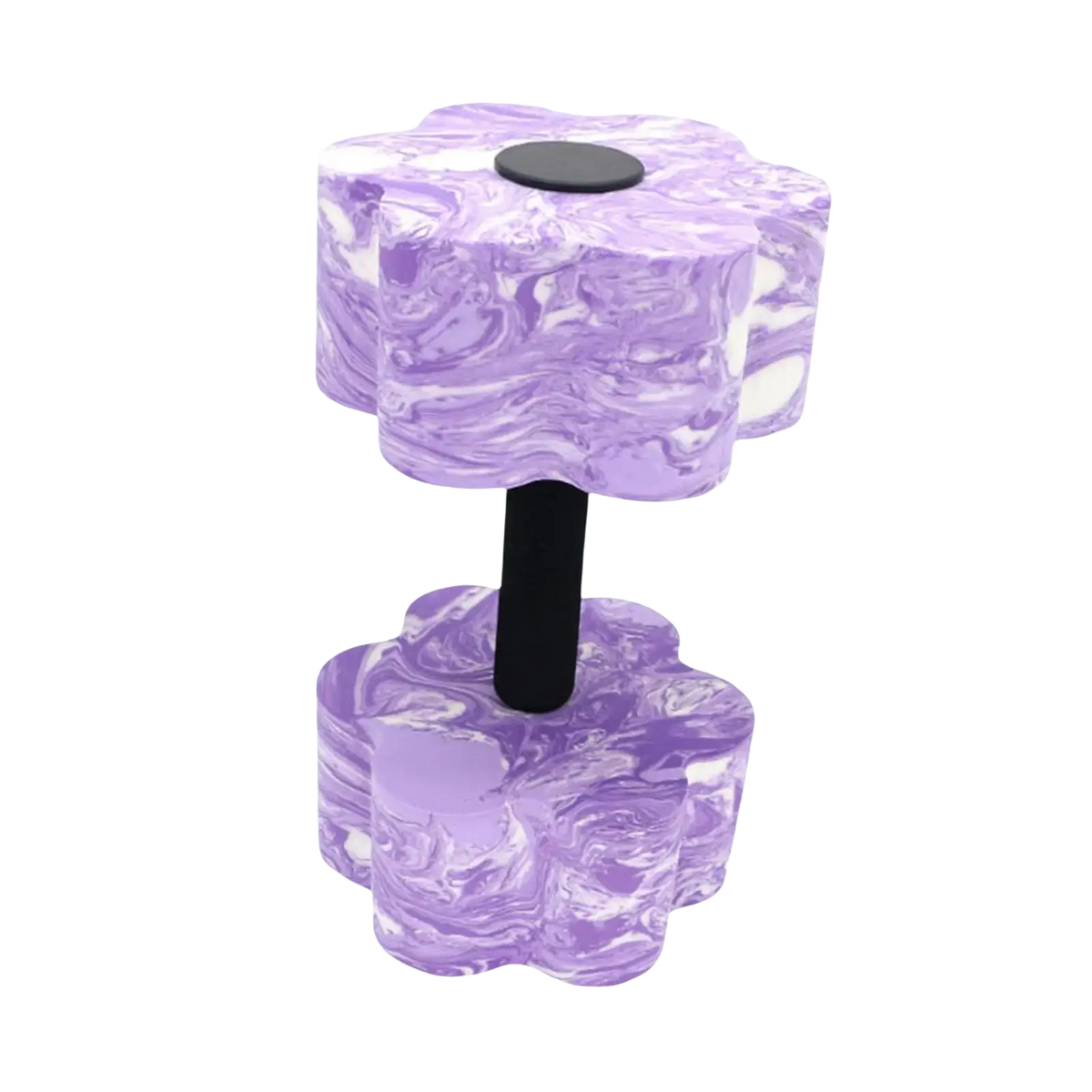 Purple marbled foam aquatic dumbbell with black central bar for pool resistance and aquatic exercise use