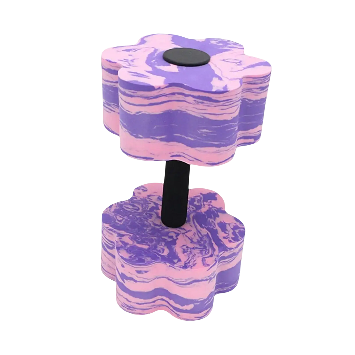 Purple and pink marbled eva foam aquatic dumbbell with black bar for pool resistance and aquatic exercise use