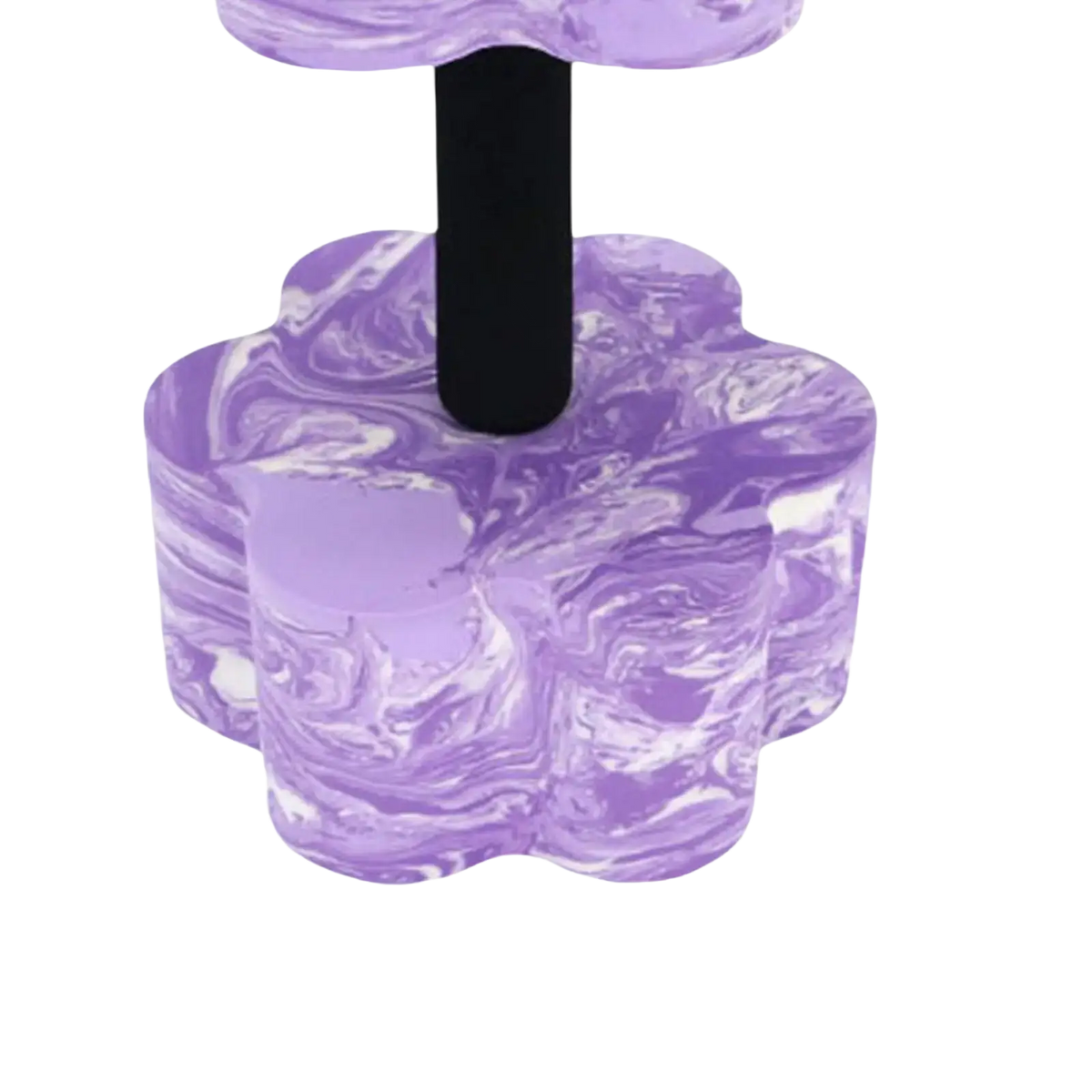 A translucent lavender and white marbled acrylic aquatic dumbbell with a black handle for pool resistance exercises