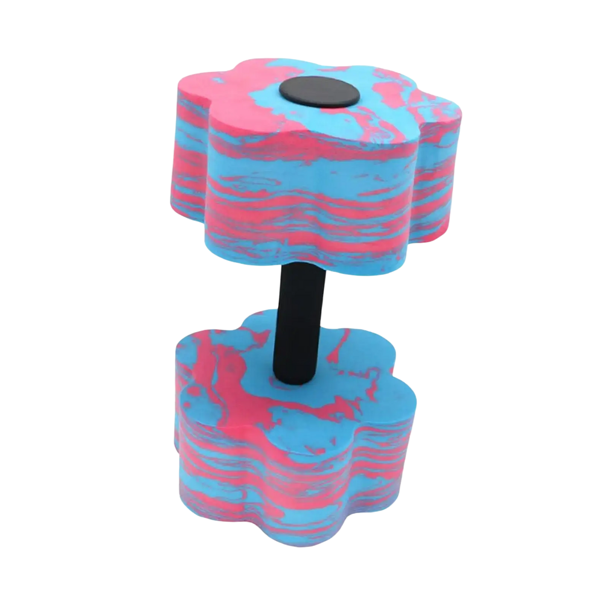 A vibrant pink and blue marbled eva foam aquatic dumbbell with a black central bar for pool resistance aquatic exercise