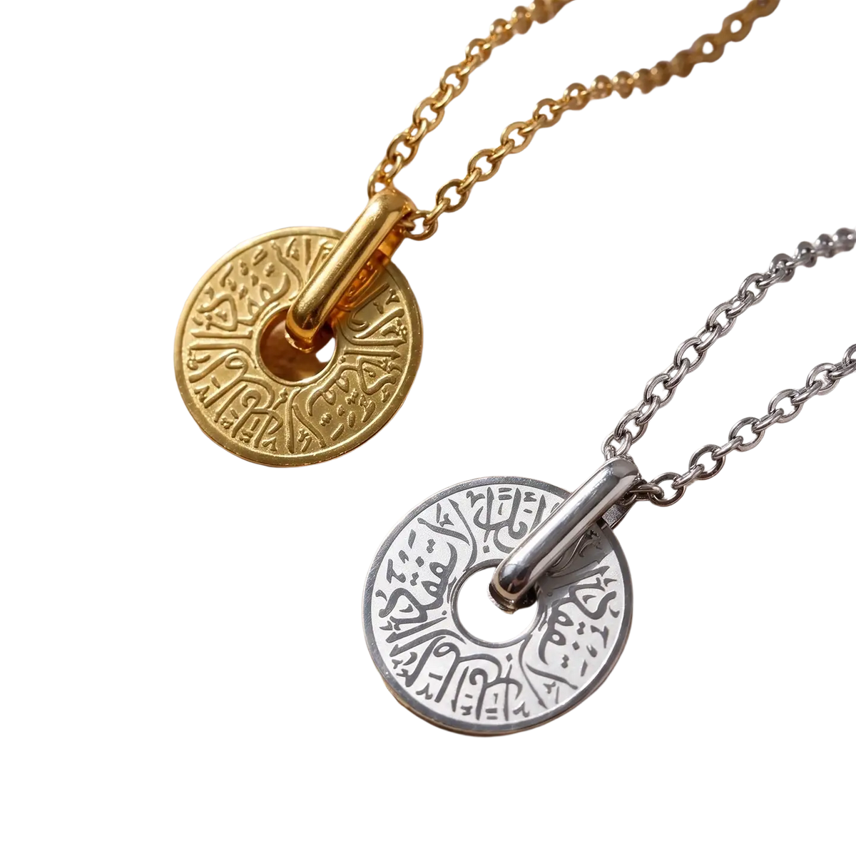 Gold and silver arabic calligraphy pendant necklaces in stainless steel with intricate engraved calligraphy designs
