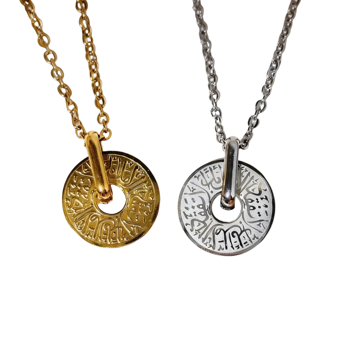Gold and silver arabic calligraphy pendant stainless steel necklaces with intricate engraved designs on matching chains