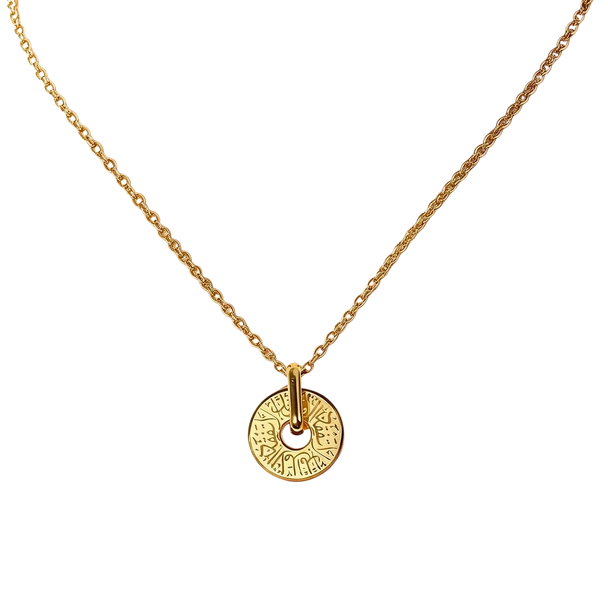 Gold-toned stainless steel arabic calligraphy pendant necklace with intricate engraved patterns and central hole on chain