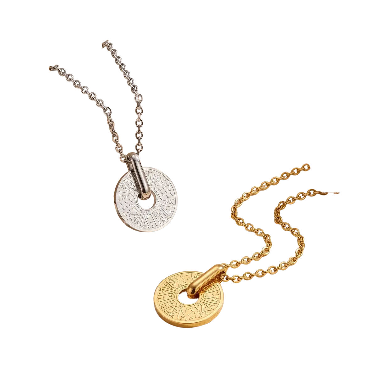 Two circular arabic calligraphy pendant necklaces in silver and gold stainless steel with engraved central hole design