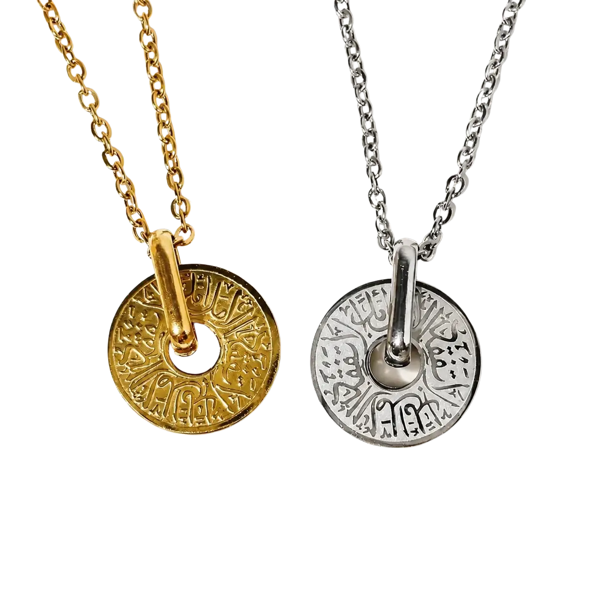 Two gold and silver stainless steel necklaces featuring an arabic calligraphy pendant with intricate engravings