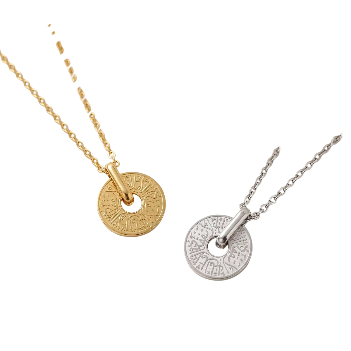 Two circular arabic calligraphy pendant necklaces in gold and silver stainless steel with engraved ancient coin design