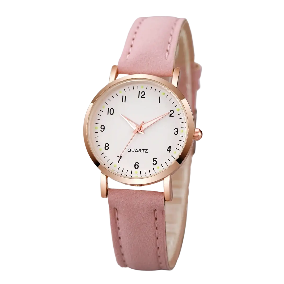 Arabic dial rose gold leather women watch with a delicate pink leather strap and white dial in rose gold-tone case