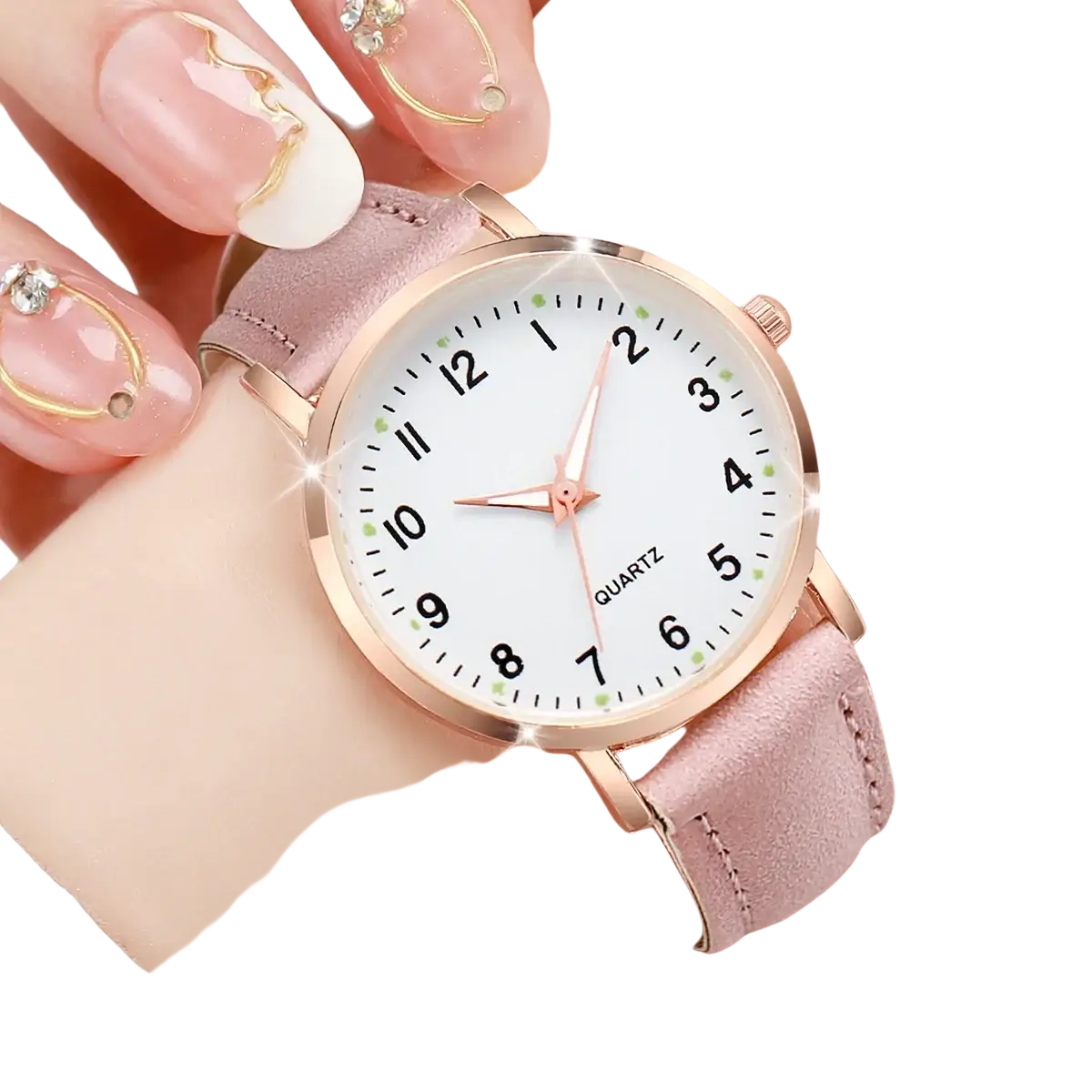 Arabic dial rose gold leather women watch with white dial black numerals and pink suede strap with green dots