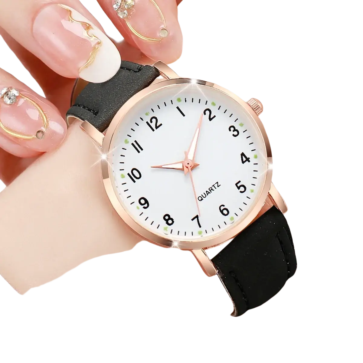Arabic dial rose gold leather women watch featuring a delicate rose gold-tone quartz case with white dial and black strap