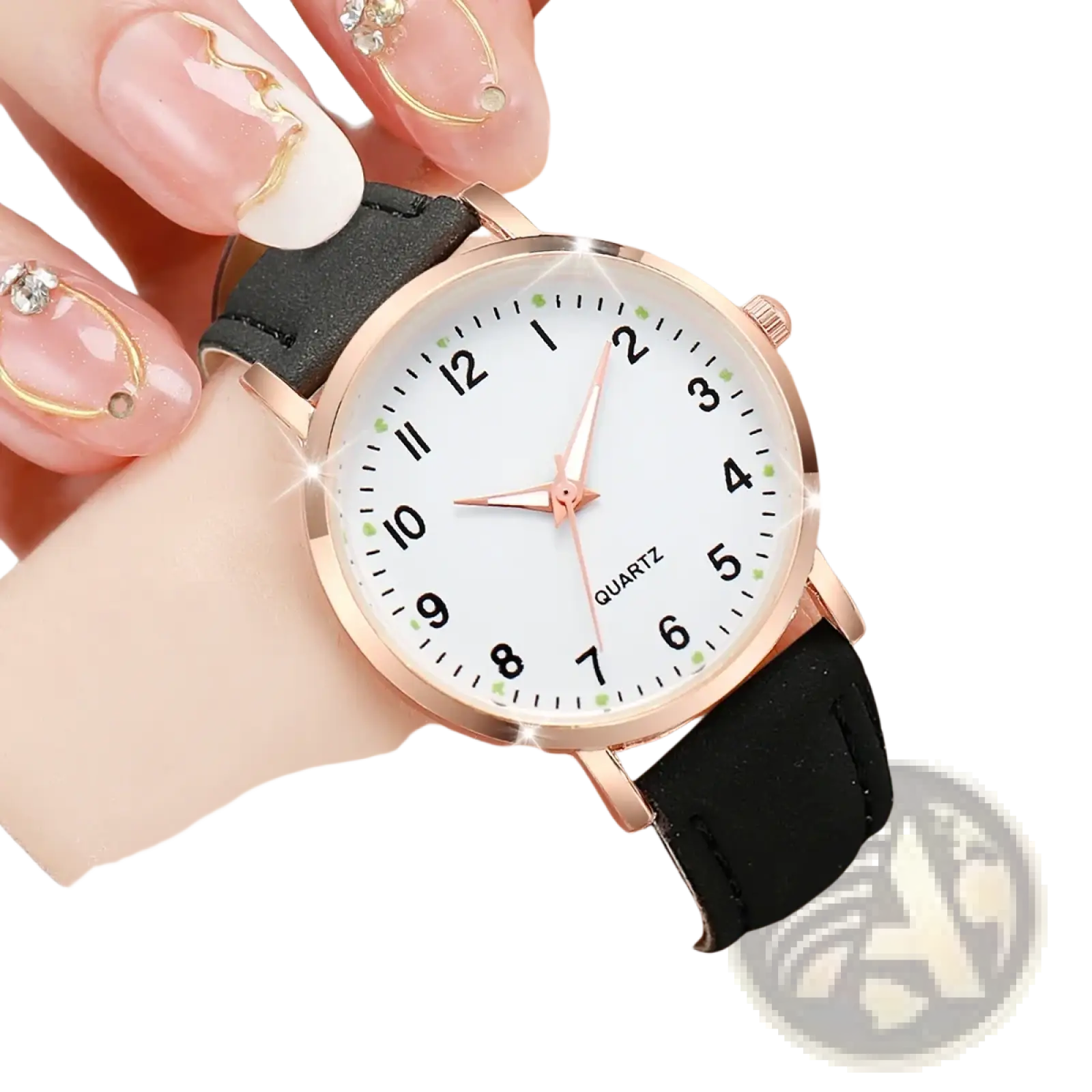 Arabic dial rose gold leather women watch featuring a delicate rose gold-tone quartz case with white dial and black strap