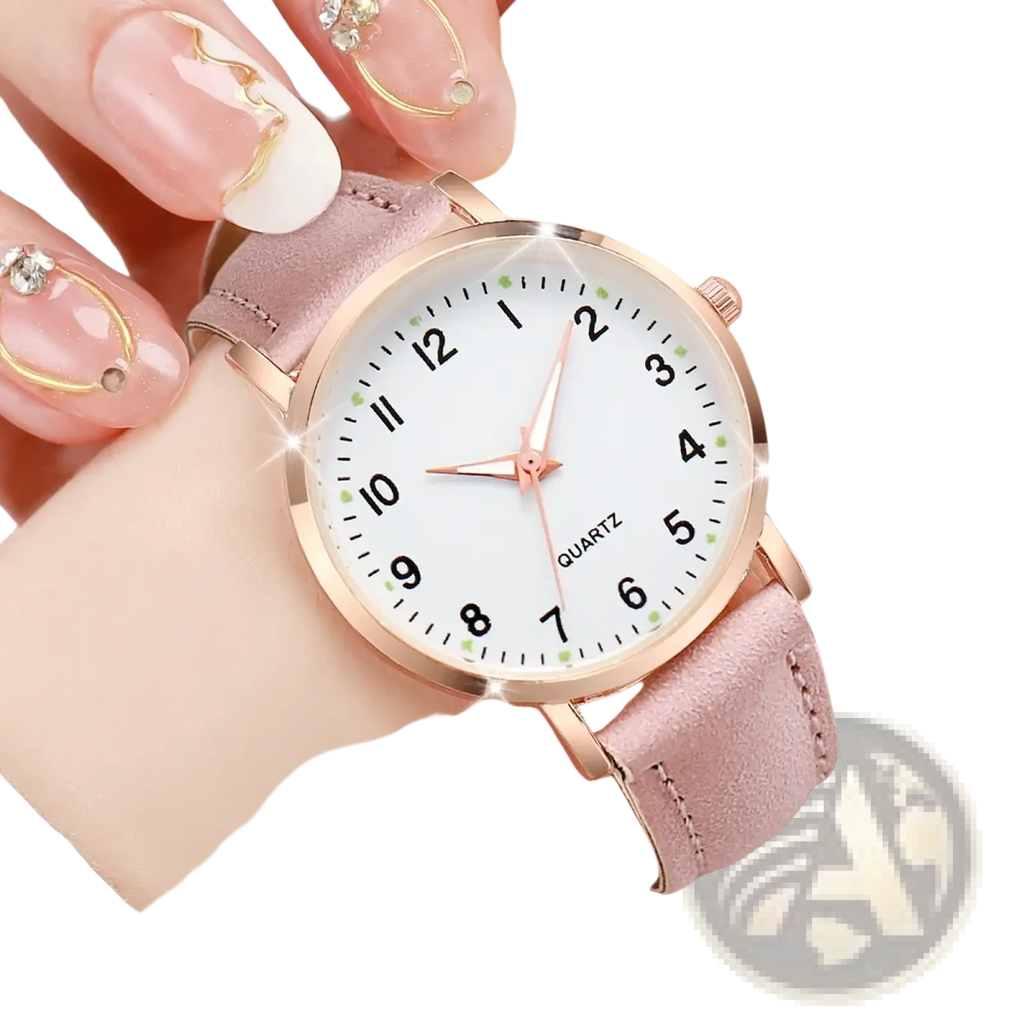 Arabic dial rose gold leather women watch with white dial black numerals and pink suede strap with green dots