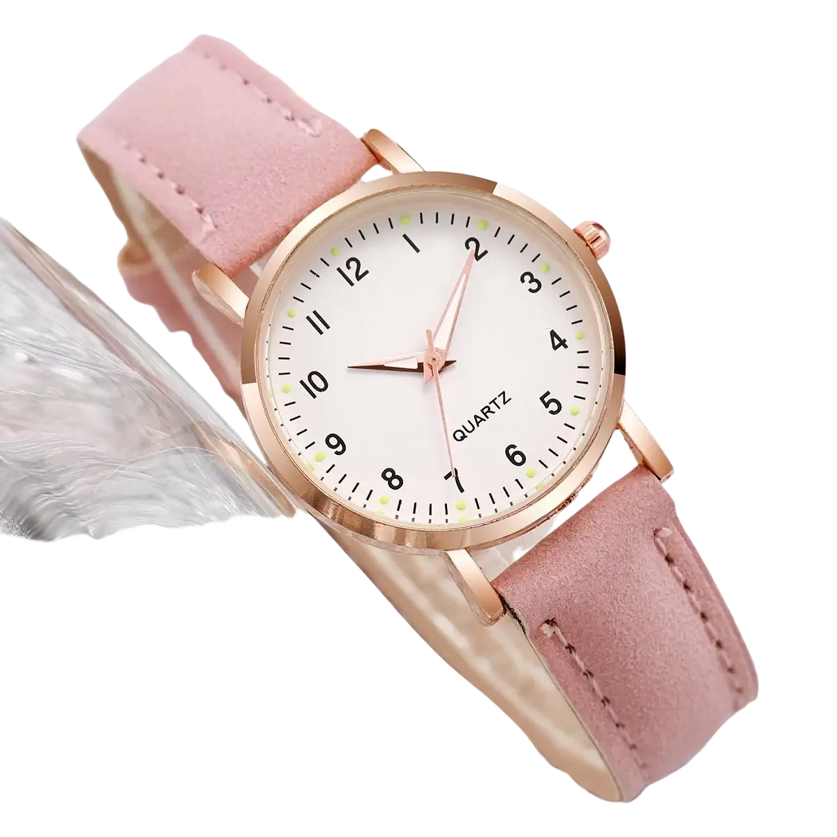 Arabic dial rose gold leather women watch with delicate rose gold-toned quartz case and soft pink leather strap