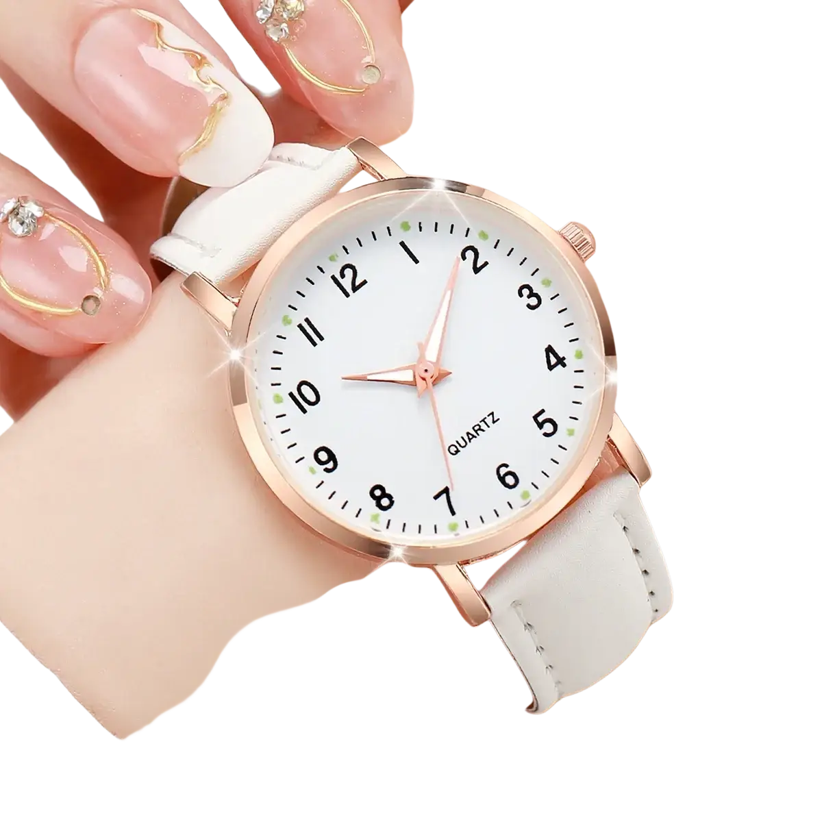 Arabic dial rose gold leather women watch with white dial black numerals and subtle green accent dots features a delicate design
