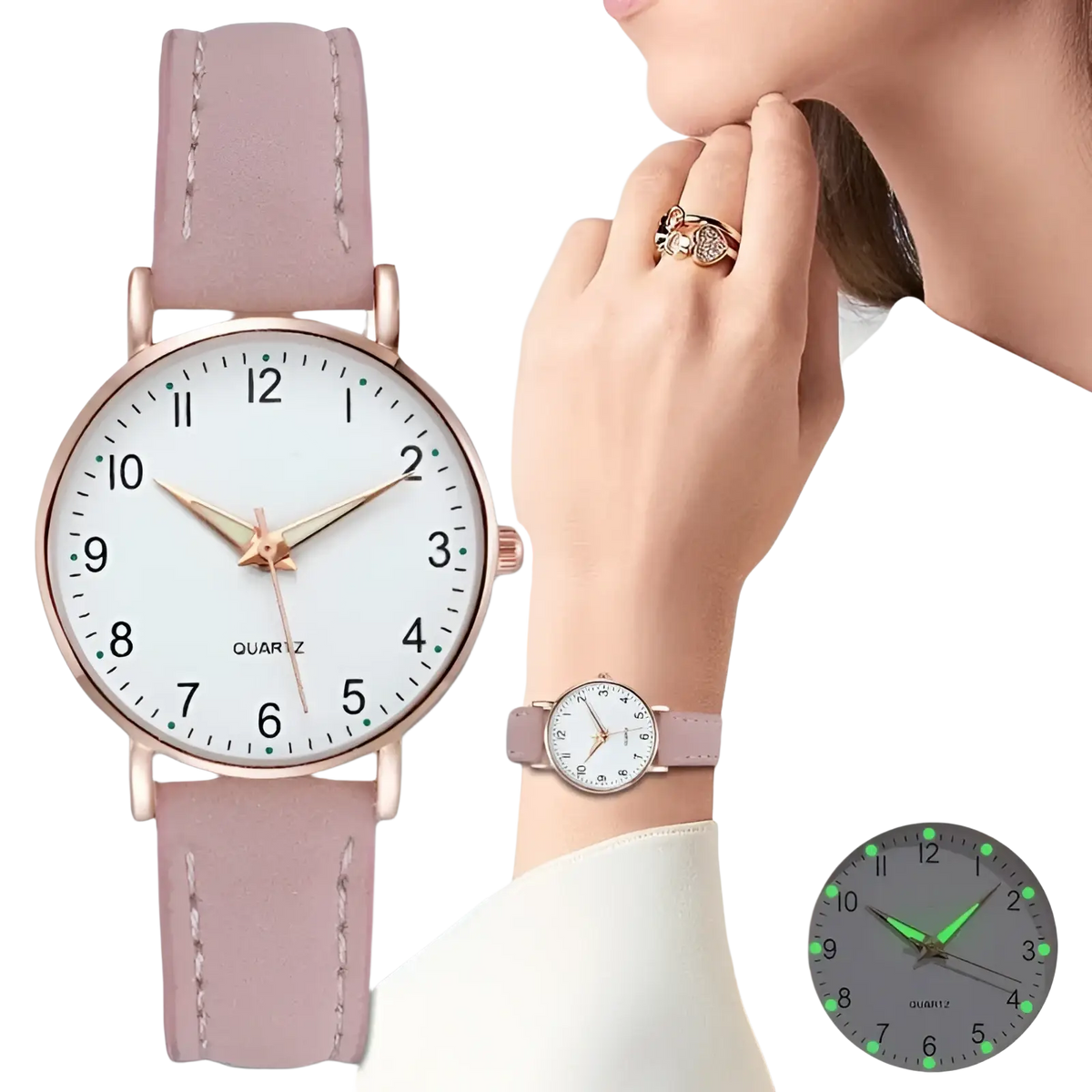 Arabic dial rose gold quartz women watch with a soft pink leather strap and minimalist white dial