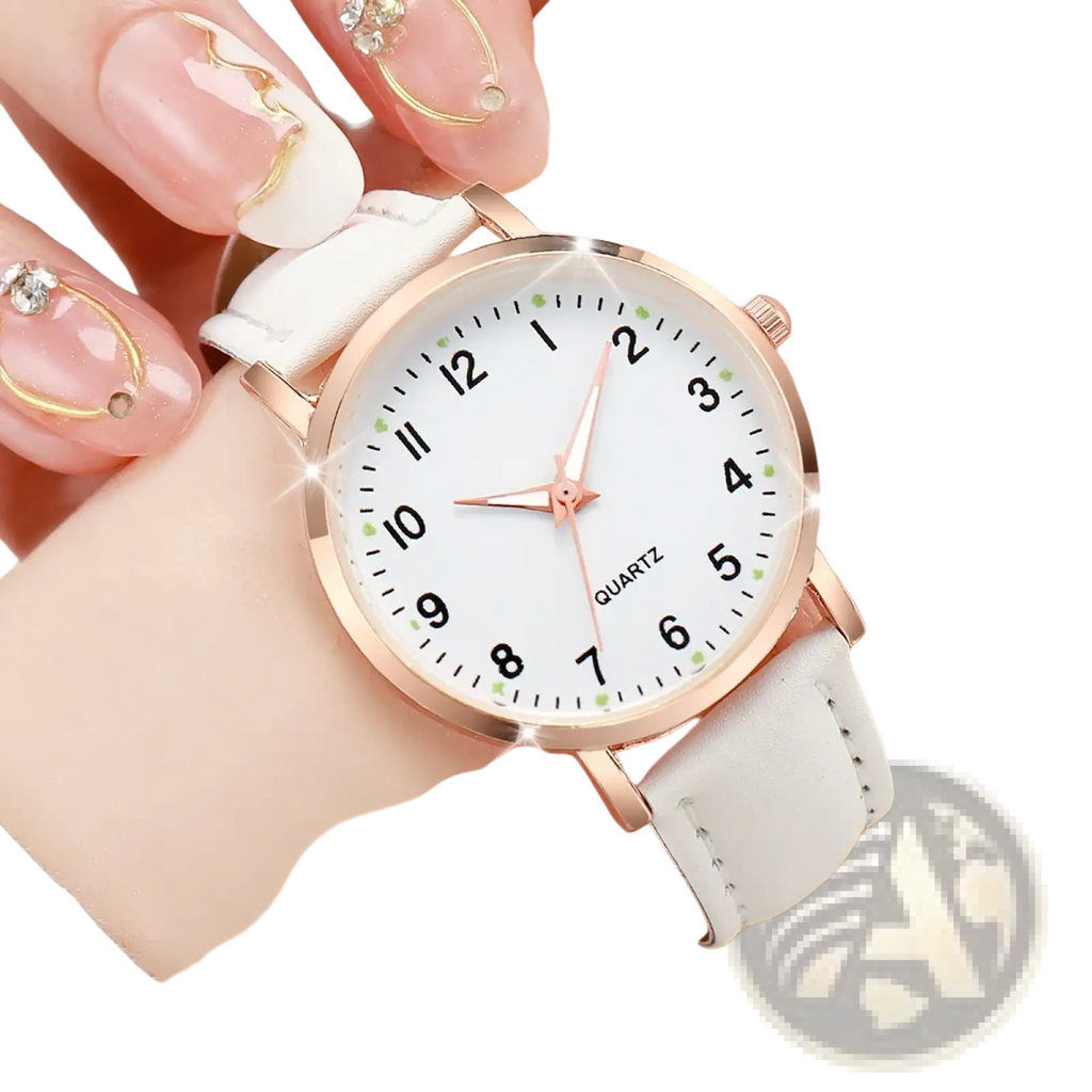 Arabic dial rose gold leather women watch with white dial black numerals and subtle green accent dots features a delicate design