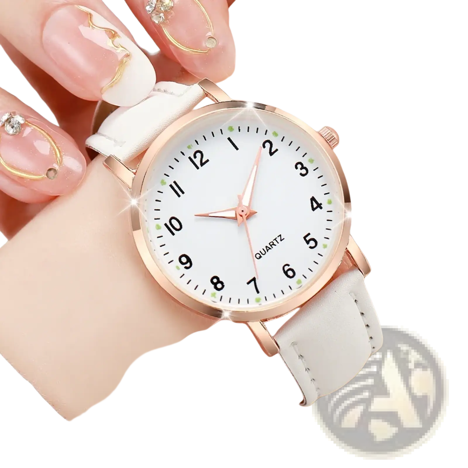 Arabic dial rose gold leather women watch with white dial black numerals and subtle green accent dots features a delicate design