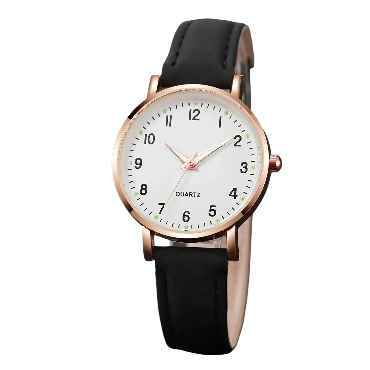 Arabic dial rose gold leather women watch with rose gold-toned quartz, white dial, black leather strap, and minimalist markers